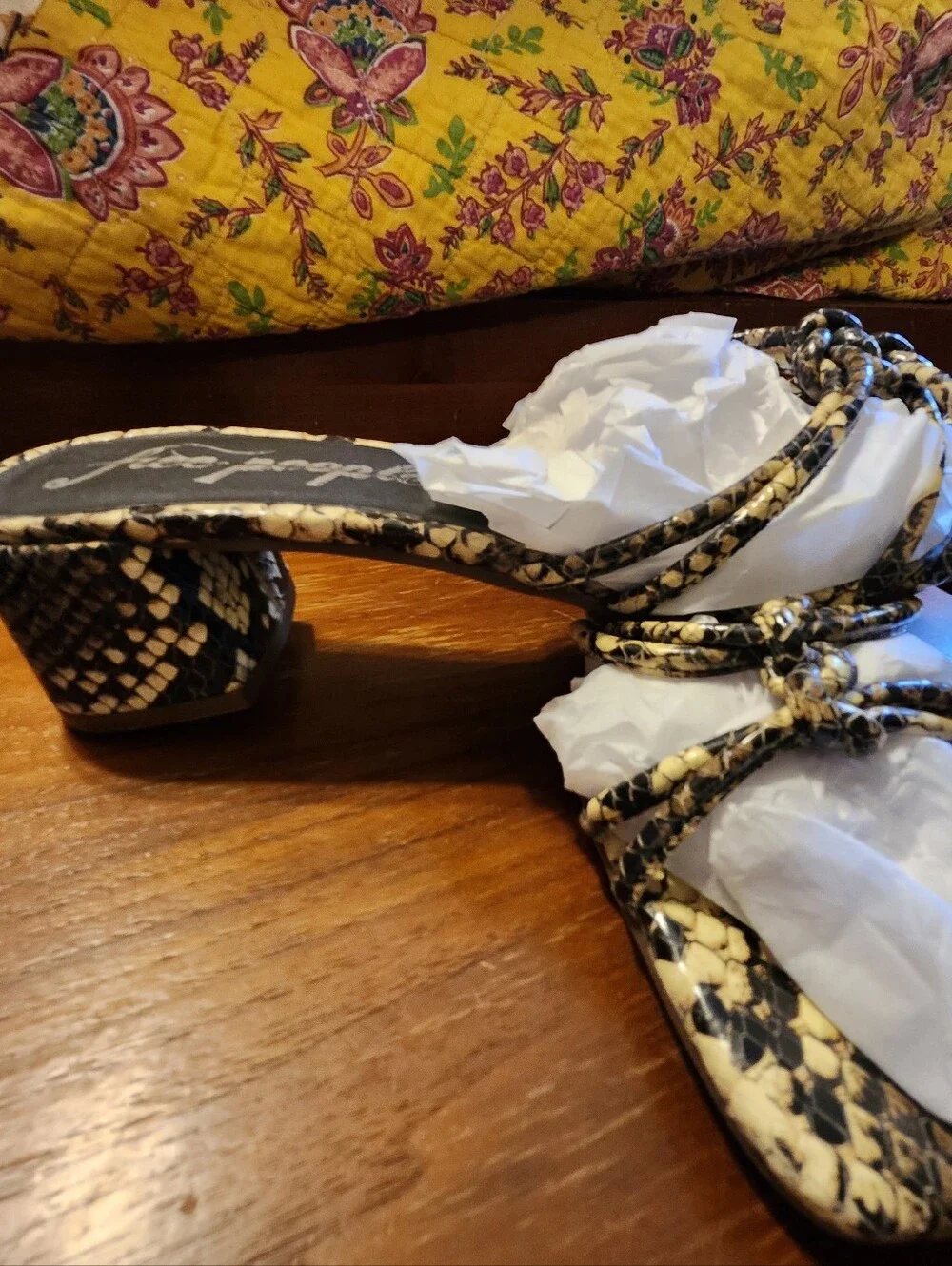 Free People Black and Cream Snake-Print Strappy Heeled Mules Sandals